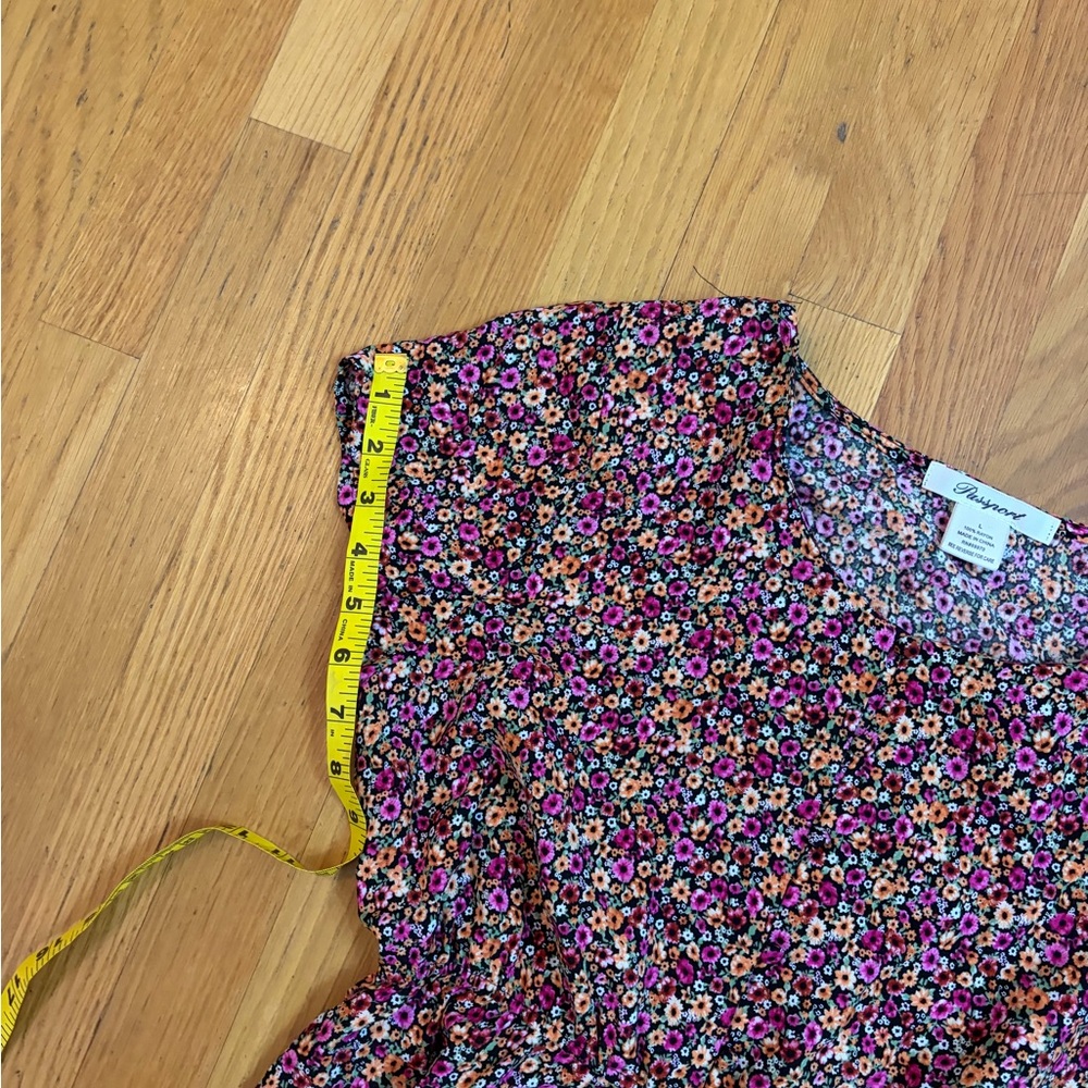Passport Floral Mini Dress Size L Boho Cottagecore Rayon Pink Orange Black - Picture 6 of 8